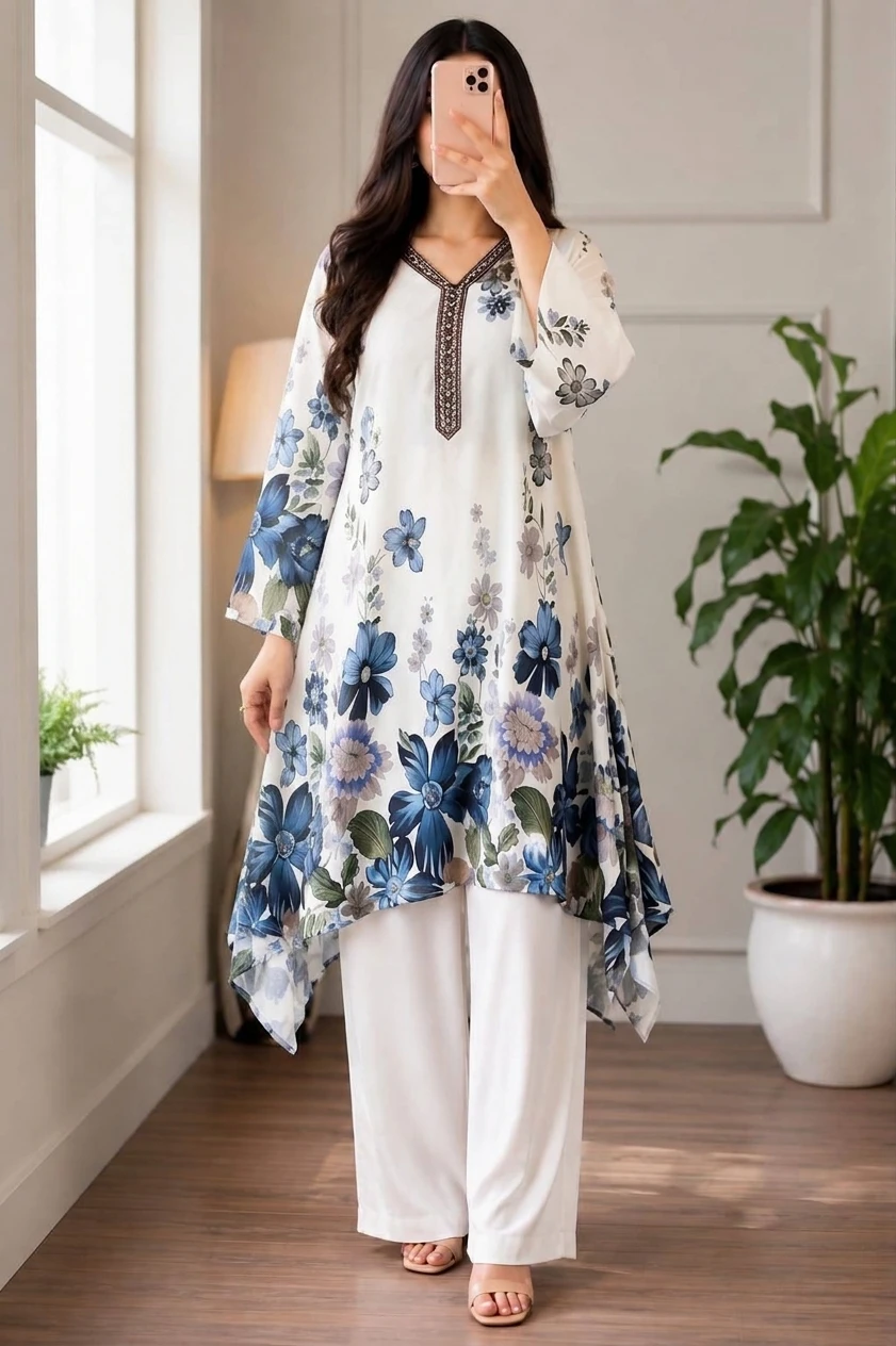 Modern Ethnic Blue Floral 2-Piece Outfit